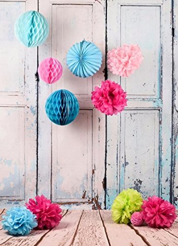 SUNBEAUTY 11er Set Deko Kombination Pink Rosa Blau Wabenbälle PomPoms - 2