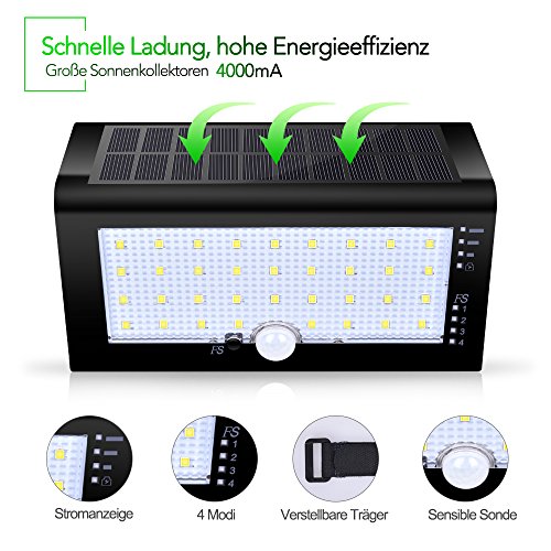 Solar Aussenleuchte, CroLED Solarleuchte 35 LED Außenwandleuchte Solar Wandleuchte 4000mAh Solar Gartenleuchten 4 Modi mit Bewegungsmelder Solarlampen mit 180° Weitwinkel - 5