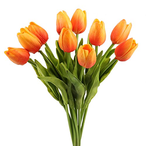 MIHOUNION 10 Stück Künstliche Tulpe Blumen Kunstblumen Real Touch Dekoriere Blumenstrauß Bridal Wedding Bouquet Mutterstag Geschenk (orange)