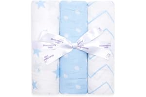 Bloomsbury Mill - Confezione da 3 fasce in mussola - 100% puro cotone biologico - formato grande 120cm x 120cm - A stelle, zig-zag e pois - celeste (azzurro) e bianco