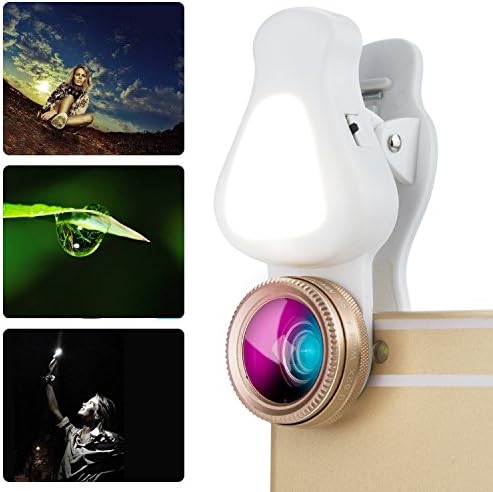Cell Phone Lens 3 in 1 with LED Fill Light,15X Macro Lens &amp; 0.62X Wide Angle Lens &amp; 205 Degree Fisheye Lens for Phone Camera Lens Suitable for iphone,Samsung, Moto,LG HTC, Sony,Google Phone and More -- Gold