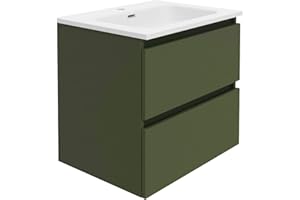 Baikal Mueble de Baño Rubi. Mueble MONTADO. 2 Cajones Suspendido con Lavabo. Armario de Baño. Lavabo Ceramico. Cierre Amortiguado. Altura 55cm. 60cm Verde Musgo.