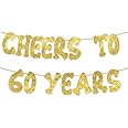 TrifleArte Cheers to 60 Years Banner | 60th Birthday Party Golden Glitter Banner | Party Decorations and Supplies | Wedding Anniversary Decorations | Pre-Strung