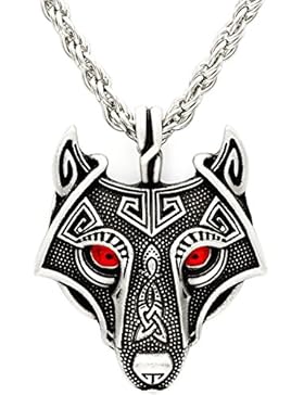 Einzigartige handgefertigt Antik Silber Rubin Rot Augen Viking Wikinger Wolf anhänger Halskette Antik Silber Kette