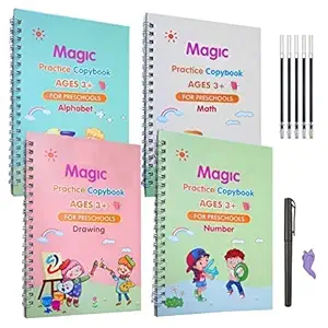 Royals Hub Magic Practice Copy Book for Kids Calligraphy Pen, Homeschool Supplies, Preschool workbook, Numbers English Drawing Mathematics Auto Fade Pen Card Book 4 Books 5 Riffile 1 Grip 1 Cover
