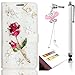 Produktbild Sunroyal Fabric Leather-Effect Flip Folio Wallet Schutzhülle Case Cover in PU Leder Innen Harte Haut Gel Rubber Case Rhinestone Strass Besetzte für Microsoft Lumia Nokia 625 N625 Hülle Tasche mit Kreditkartenfach, Magnetverschlu + 1x 3.5mm Universal Schleife Kristall Bling Anhänger Strass Diamant Anti Staub Schutz Stecker Stöpsel + 1x Metall Stift Stylus Touch Pen,Love Series Schön 3D Dark Rot Rose Blume Grün Blatt Weiß Bottom Malerei