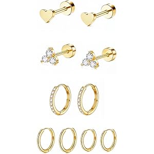 SANNIDHI® 5 Pairs Earrings Set for Women Girls Stylish Hypoallergenic Surgical Flat Back Stud Earring Stainless Steel Cartilage Earrings Combo for Multiple Piercing