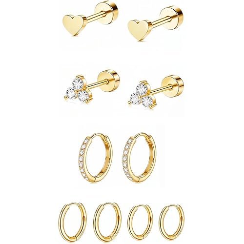 SANNIDHI® 5 Pairs Earrings Set for Women Girls Stylish Hypoallergenic Surgical Flat Back Stud Earring Stainless Steel Cartilage Earrings Combo for Multiple Piercing