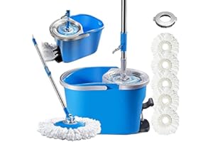 Myiosus Spin Mop and Bucket Set, Floor Mops with 5 Reusable Pads & 128cm Adjustable Handle, Microfiber Mop and Buckets Sets for Cleaning Hard Wood Tile Floors, Send 1 Brush Head