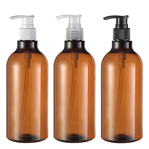 3PCS 500ml/16.6OZ Refillable Empty PET Plastic Pump Bottles Jars with Pump Tops for Makeup Cosmetic Bath Shower Toiletries Liquid Containers Leak Proof Portable Travel Accessories(Brown)
