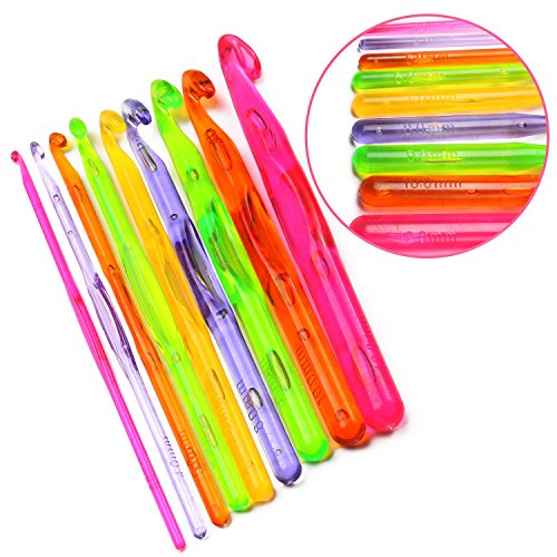 Luxbon 9 Stück Häkelnadel Nadelset Crochet Hooks Stricknadeln aus bunt Acryl verschiedene Farben Größen 3mm – 12mm - 2