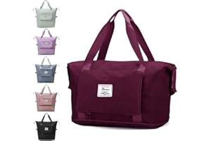 YAMEE Large Capacity Folding Travel Bag - Lightweight Waterproof Carry On Luggage with Fixed Strap, Dry & Wet Separation - Foldable Travel Duffel for Sports & Gym (Wine Red)