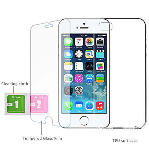 LIVHÃ’ | Case for iPhone 5 / 5S Ultra-thin Soft Gel TPU Case Cover with Transparent Clear for iPhone5/5S + Cleaning Cloth + Tempered Glass Screen Protector Film[Crystal Clear]