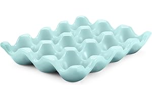Vassoio per Uova in Ceramica Flexzion da 12 Posti - Intero Contenitore Porta Uova in Porcellana Custodia Organizzatore Decorativo per Frigorifero Forno Espositore per la Cucina (Blu)
