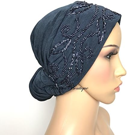 Stylish Turban hat Hijab Bonnet Cap Underscarf Chemo sparkling hat occasion (Dark grey - C)