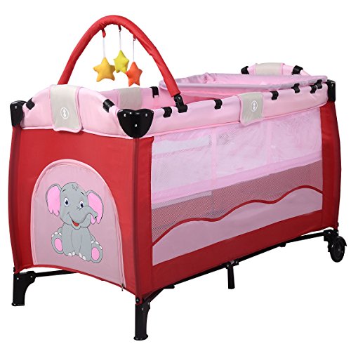 FDS Baby Infant Travel Bed Cot Furniture Baby Playpen with Toys Playmat (Pink)