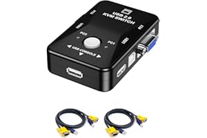 10GTEK KVM Switch VGA, 2-Port USB VGA KVM Switch, 2 Computers Share 1 Monitor and 3 USB Devices, Keyboard Mouse Scanner Printer, with 2 VGA KVM Cables