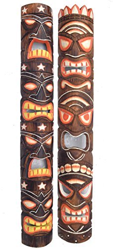 2 Maschere Tiki Legno Hawaii 30cm - Decorazione Parete, Stile Isolano Fatto A Mano - Foto 4