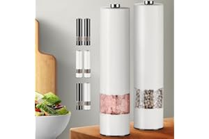 VIRKLYEE Molinillo Eléctrico para Sal Y 2PCS Pepper Grinder Tosquedad Ajustable Juego de molinillo de sal y Molinillos de pimienta Con luz LED Molinillos de Sal y Pimienta Operación con una mano (Blanco)