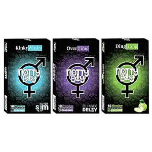 NOTTY BOY Climax Delay Long Lasting, Extra Thin Plain Without Dotted and Strawberry Flavoured Condoms - (3x10s)