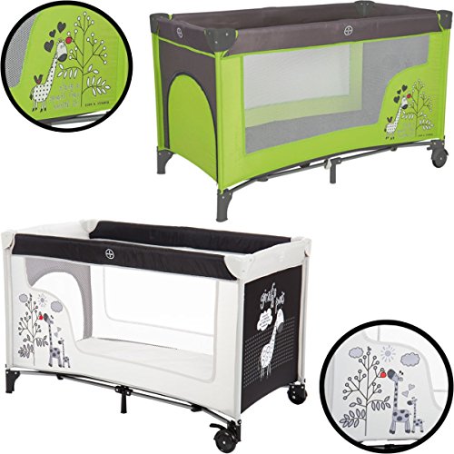 Baby Travel cot Giraffe (120 x 60 cm) (GREEN / DARK GREY) with mattress