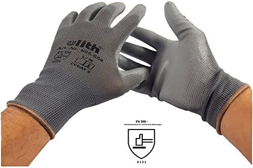 12 Pair of Work Gloves Construction Gloves Mounting Gloves with PU Coating of Ulith 420 en 388, S, grey, 1