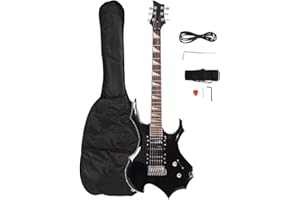Bonnlo Electric Guitar Flame Style Design HSH Pickup for Beginner with Accessories, Bag, Strap, Tremolo Arm, Plectrum, Neck Adjustment Key, Cable (Black)