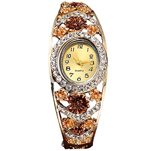 Preisvergleich Produktbild Bluelans® Elegantes Damenuhr Strasssteine Armband Quarz Armbanduhr Uhren Blume Damenarmbanduhr (Gold)