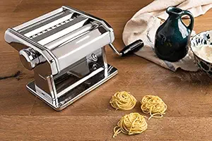 FLYPRO Pasta Maker Machine-Unique Patented Suction Base for Home Non-Slip Use of Stainless Steel Noodle Spaghetti & Fettuccine Maker and Dough Roller Cutter Machine Hand Crank & Clamp - 150 mm