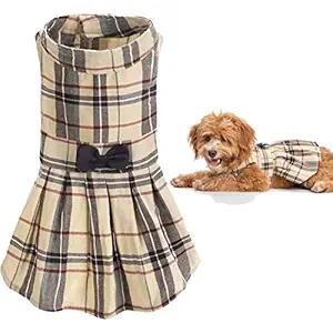 Classic Plaid Dog Dress - Cute Puppy Clothes Outfit with Bow Design for Dogs Cats, Beige Medium