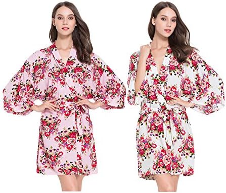 FETE FABULOUS Set of 2- 1 Light Ivory &amp; 1 Pink Rose FLORAL Kimono Dressing Gowns in Soft Brushed Cotton for BRIDE/Bridesmaid/HEN Party, Getty Ready Robes, Gift/Favour, OSFM