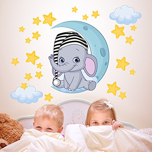 Wall Art, R00322 Elefantino Sogni d'oro, Adesivo Murale per Bambini, 100X30Cm