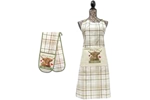 B4E Highland Cow Herd 100% Cotton Double Oven Gloves and Apron Set