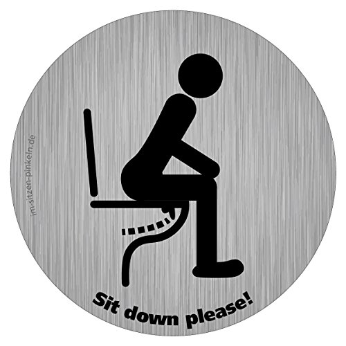 Dezenter Im Sitzen pinkeln Aufkleber im Edelstahl-Look Ø5cm, Sit down pls. für Hoteltoilette, Kundentoilette, Gäste-WC @immi.de - 3