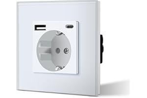 BSEED Enchufe de Pared Enchufe Estándar Schuko con 2.1A USB Mejorado Conector de Carga y Enchufe Tipo C con Panel de Cristal Fácil Instalación 86mm Blanco