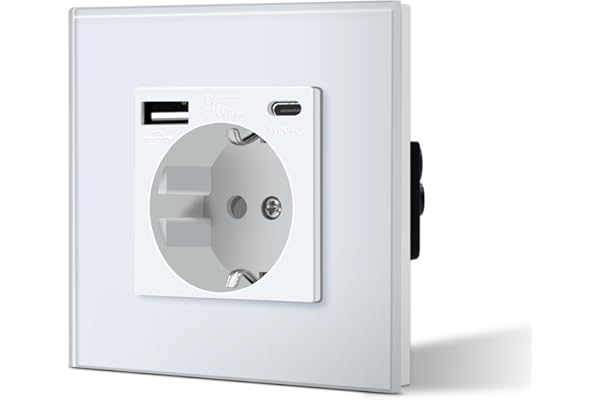 BSEED Enchufe de Pared con USB C,Enchufe Estándar Schuko con Cristal,3 EN 1,Seguridad infantil,Fácil de Instalar,M Serie,1 Enchufe con USB y Tipo C,86mm Blanco