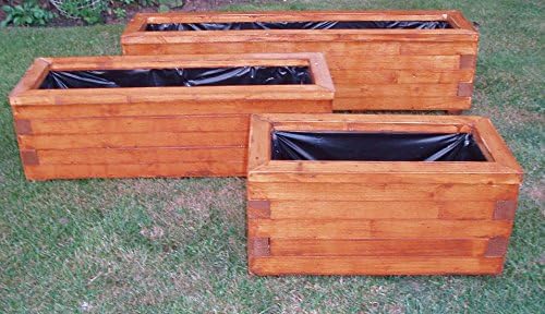 Handmade set of three pre-assembled wooden square smooth walnut stained Pottyplanters planters (1 x 400mm, 1 x 500mm and 1 x 600mm square)