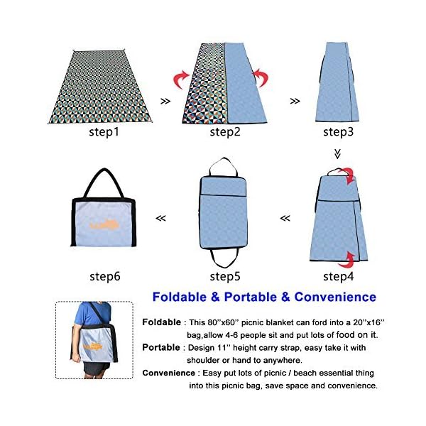Picnic Beach Blanket Mat with Waterproof Sandproof Backing 2018 New Large Lightweight Foldable As Backpack with Handle to Carry Toy Polyester Beach Rug with 4 Loops for 6 Adults Outdoor Camping Hiking - Image 8