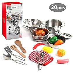 BeebeeRun Jouets de Cuisine, Jouet Simulation Ustensile de Cuisine Casseroles et Poêles en Acier Inoxydable, Jeu D'Imitation pour Enfants Cadeaux pour Garçons et Filles
