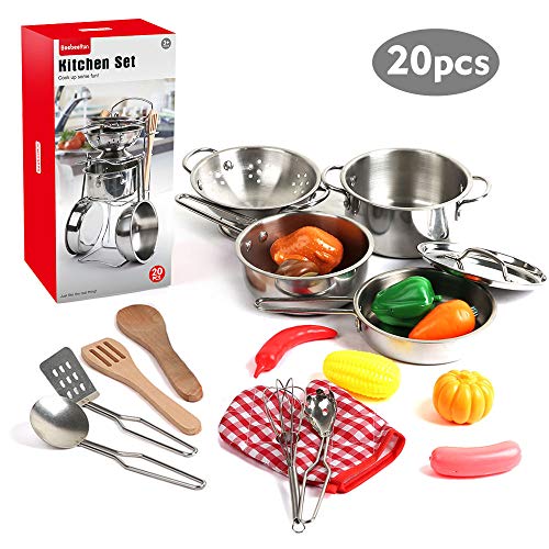 BeebeeRun Jouets de Cuisine, Jouet Simulation Ustensile de Cuisine Casseroles et Poêles en Acier Inoxydable, Jeu D'Imitation pour Enfants Cadeaux pour Garçons et Filles