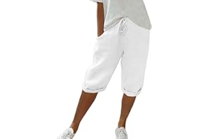 Chanpning Short d'été décontracté en Coton et Lin avec Cordon de Serrage à la Taille et Poches pour Femme - Short de randonnée - Longueur Genou - Vêtement de détente Taille Haute - Pantacourt
