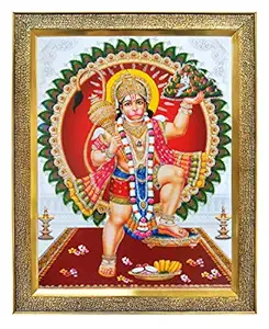 KHANNA Hanuman ji/bajrangbali ji with Dronagiri Mountain Photo Frame for Wall Hanging/Gift/Temple/puja Room/Home Decor Golden Frame with Acrylic Sheet (Glass) for Worship