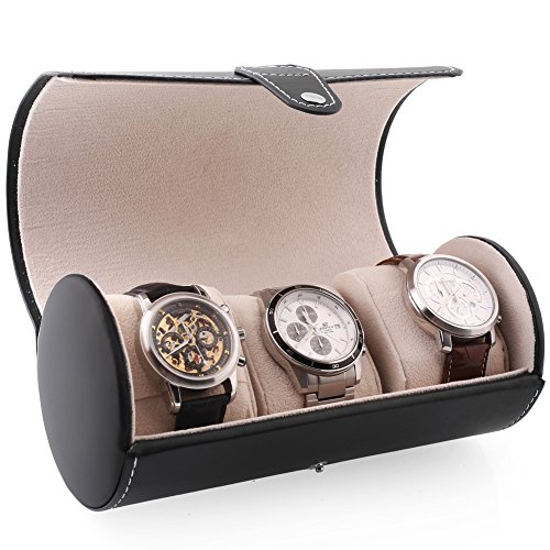 Uhrenbox Leder für 3 Uhren Uhrenkoffer Uhrenkasten Schwarz Uhren Schatulle Armbanduhr Box - 3