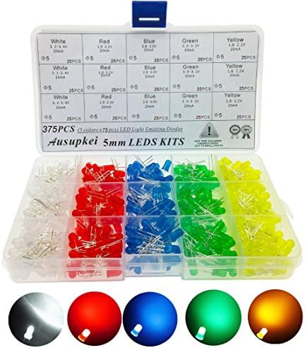 Ausupkei 375PCS ( 5 Colorsx75pcs) 5mm Diffused Round LED Emitting Diodes Light with 105PCS 200Ohm Resistor for DIY ,Electronics Experiment, Arduino Project
