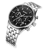BUREI Herren Chronograph Armbanduhr Schwarzem Zifferblatt mit Saphirglaslinse Datum Kalender und Edelstahl Armband Luxus Männer Uhren (Schwarz-Silber)