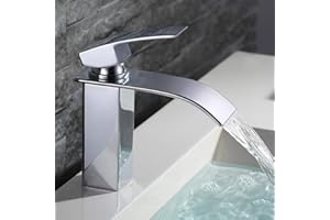 HOMELODY Wasserfall Wasserhahn Bad,Wasserhahn Waschbecken für Badzimmer,Einhandmischer Spülbecken Waschtischarmaturen,Keramikventil, Kaltes und Heißes Wasser Vorhanden, Armatur Bad Messing Verchromt