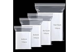 QIKAARA Set of 400 Ziplock Bags, Resealable Set, 4 Sizes, Small Zip Bags, Ziplock Bags, Transparent PE Poly Bags, Clear Plastic Bags, Ziplock Bags