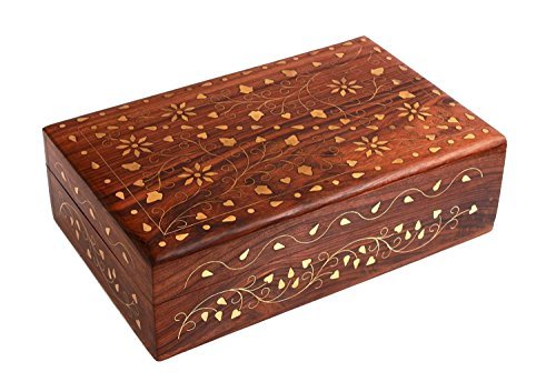 Hand Crafted Wooden Decorative Trinket Jewelry Box Organiser with Mughal Inspired Floral Carvings & Brass Inlay-Centre Flower by Super India