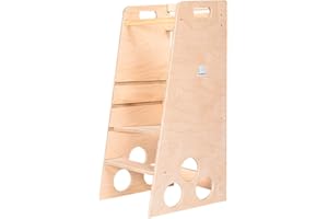 MAMI SRL Learning Tower in Legno con Scivolo Torretta Montessoriana per Bambini Sgabello Pedana Bimbo Apprendimento con 3 Livelli di Altezza (Legno naturale, Classica)