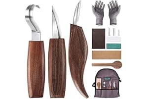 JANE CHOI Set di strumenti per intaglio del legno, 10 in 1, kit intagliare il legno principianti, include coltello da intaglio, frittelle, guanti, affilacoltelli cucchiaio, ciotola